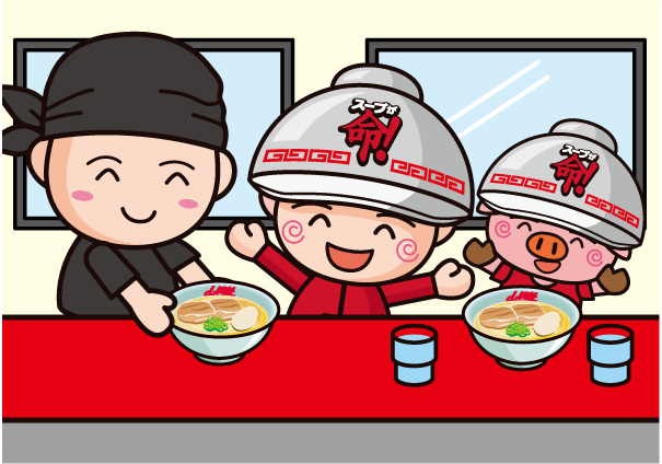 ラーメンを楽しむ山岡家のキャラクター